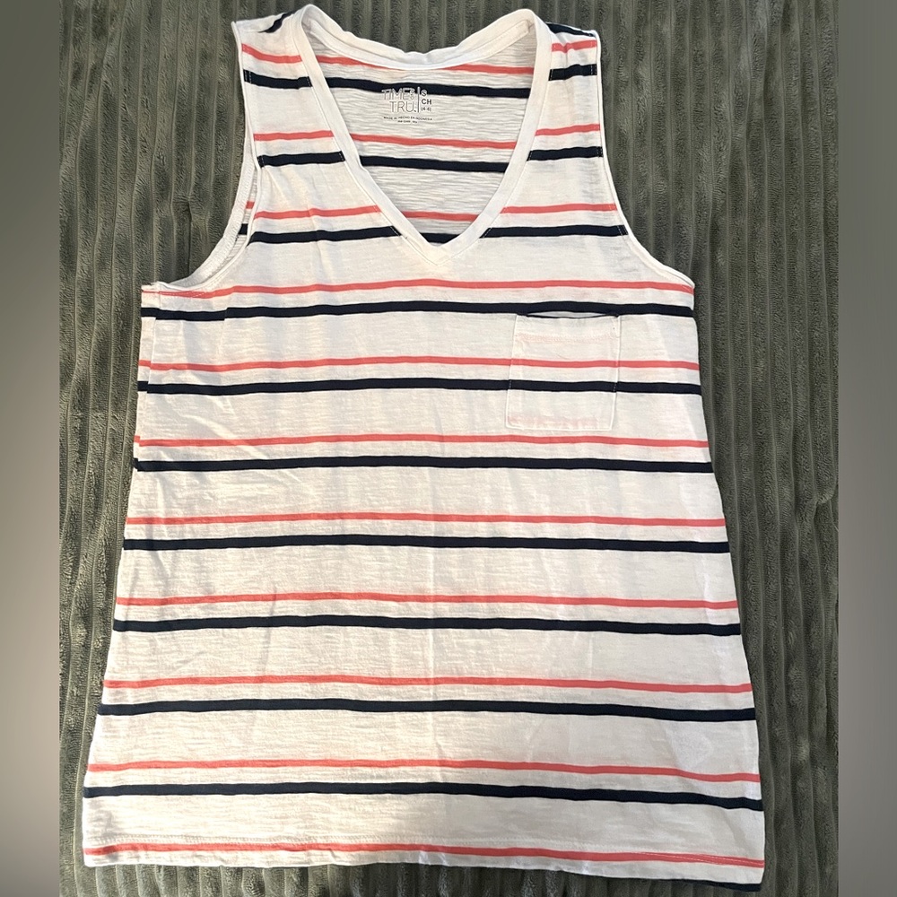 Women’s wide shoulder tank, white with navy blue and coral stripes.